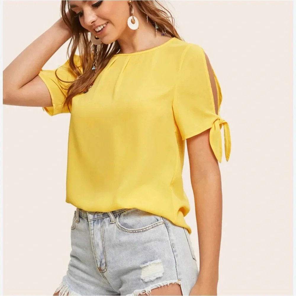 Shein Lemon Yellow Open Keyhole Tie Sleeve Blouse Medium Women’s